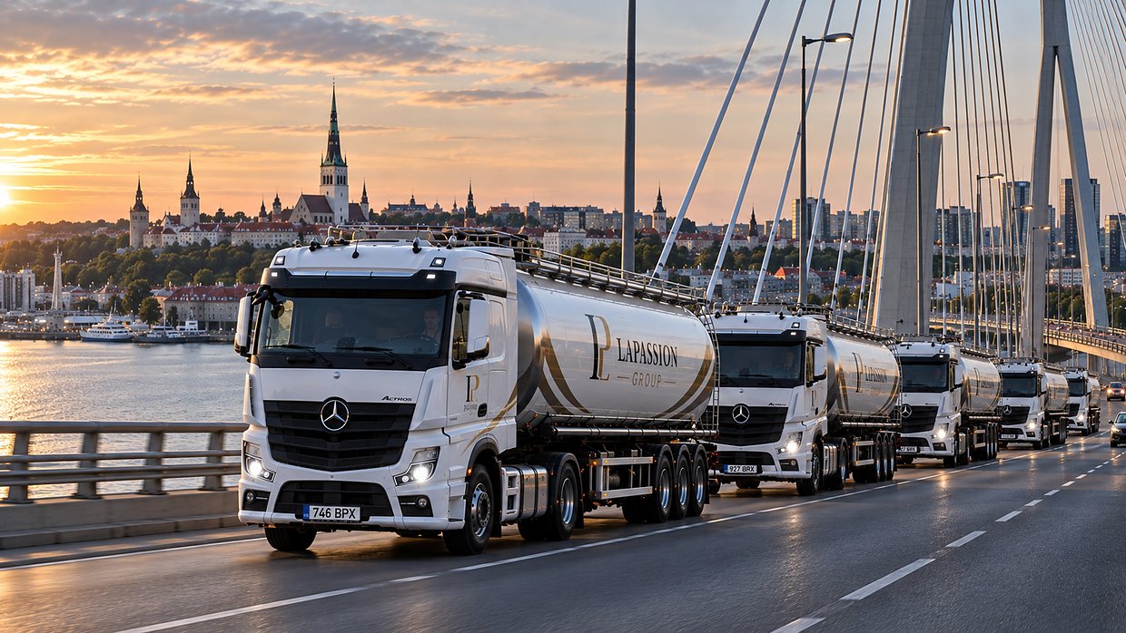 LaPassion Group tanker convoy crossing a bridge with the Tallinn skyline behind