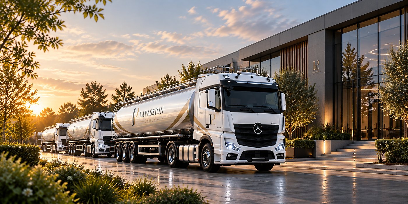 LaPassion Group tanker fleet lined up outside the company headquarters at sunset