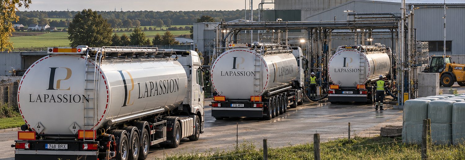 Three LaPassion Group tankers loading at a certified terminal, operators connecting transfer hoses
